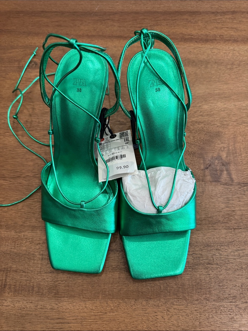 ZARA Metallic Emerald Green Satin Lace-Up Heels
